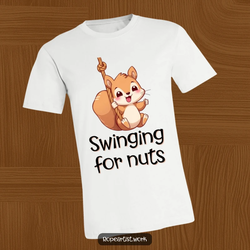 Funny squirrel t-shirt with a kawaii character swinging from a thick rope, a cute and hilarious apparel choice.