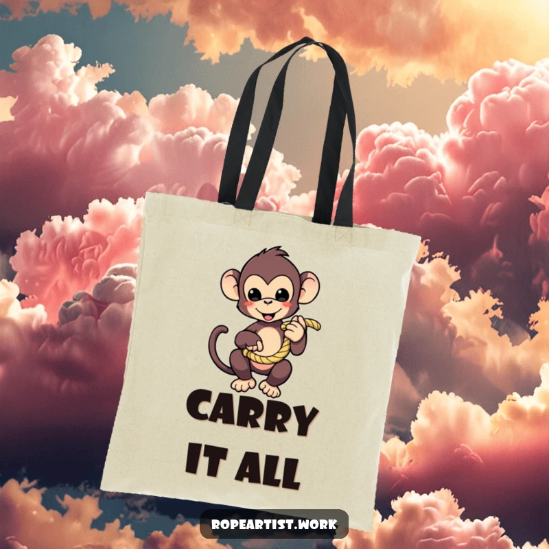 Funny monkey tote bag with a cute character playfully holding a coiled rope, ideal for shopping and gifting.