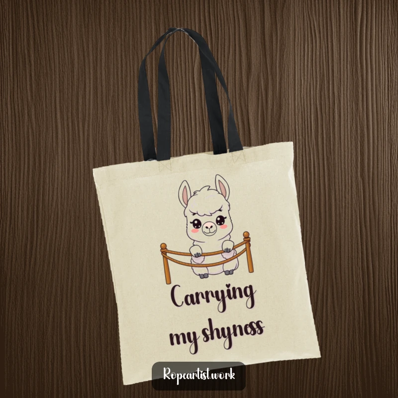 Funny llama tote bag with a shy character peeking over a rope barrier, perfect for shopping and daily use.