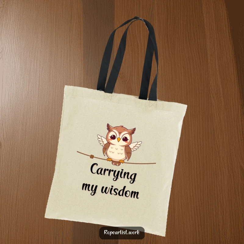 Funny owl tote bag with a smiling character balancing on a tightrope, perfect for shopping and daily errands.