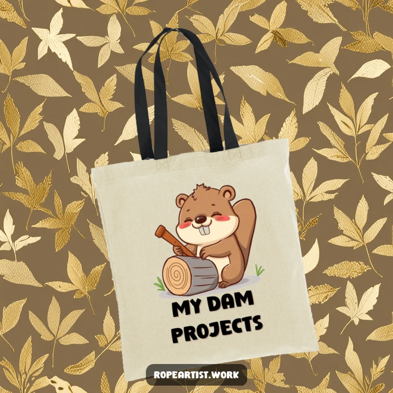 Funny Kawaii Beaver Tote Bag with a cheerful beaver enthusiastically sawing a log, perfect for carrying supplies.