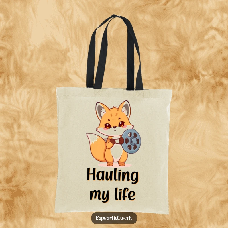 Funny Kawaii Fox Tote Bag featuring a cute fox focused on a pulley, ideal for carrying supplies and showcasing mechanical skills.